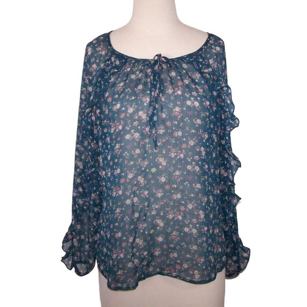 Closetrix Shirt Top Large Sheer Floral Ruffled Long Sleeve Tie Front Womens